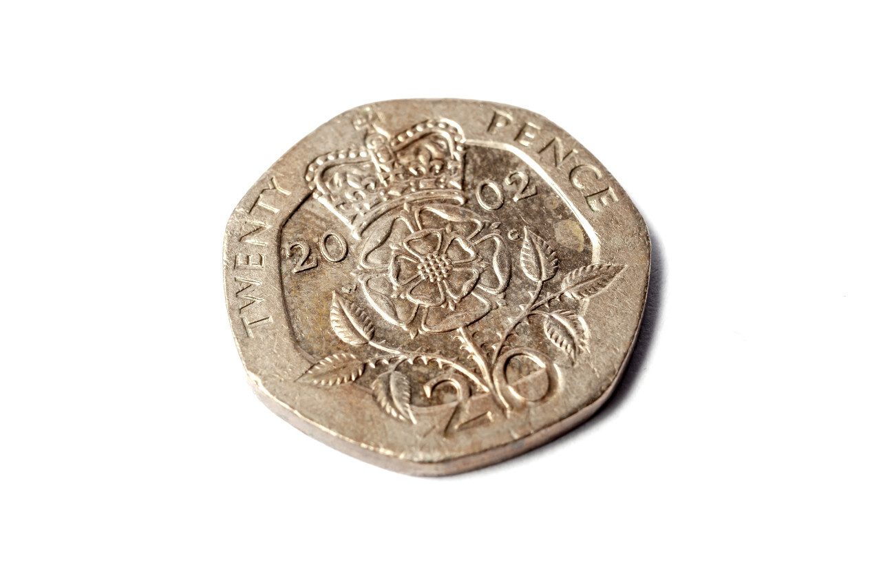 twenty pence coin from Great Britain  isolated on white background