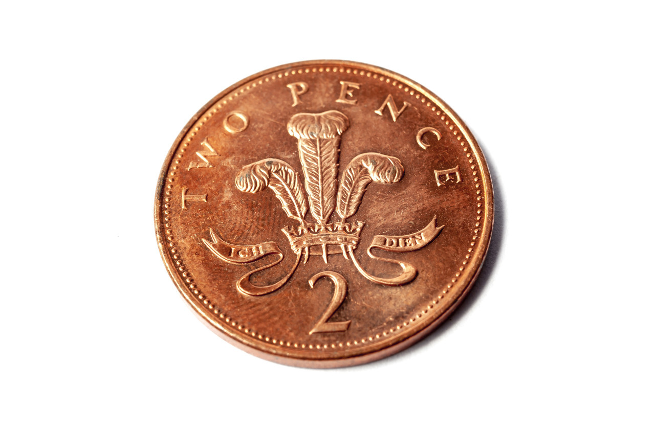 two pence coin isolated on white background, 2 pence from uk