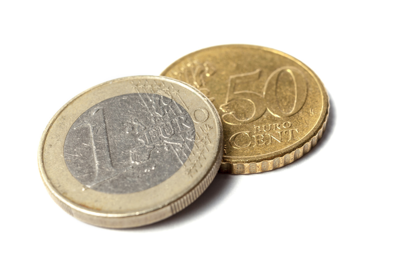 1 euro and 50 cent isolated on white background one euro and fifty cent