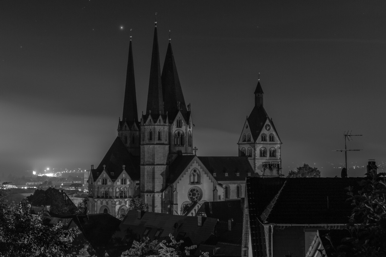 Gelnhausen at night in black and white