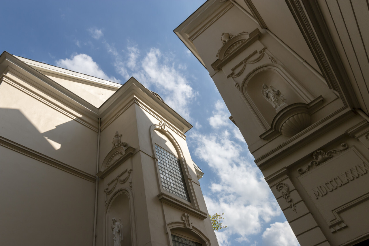 beautiful building with angels stucco