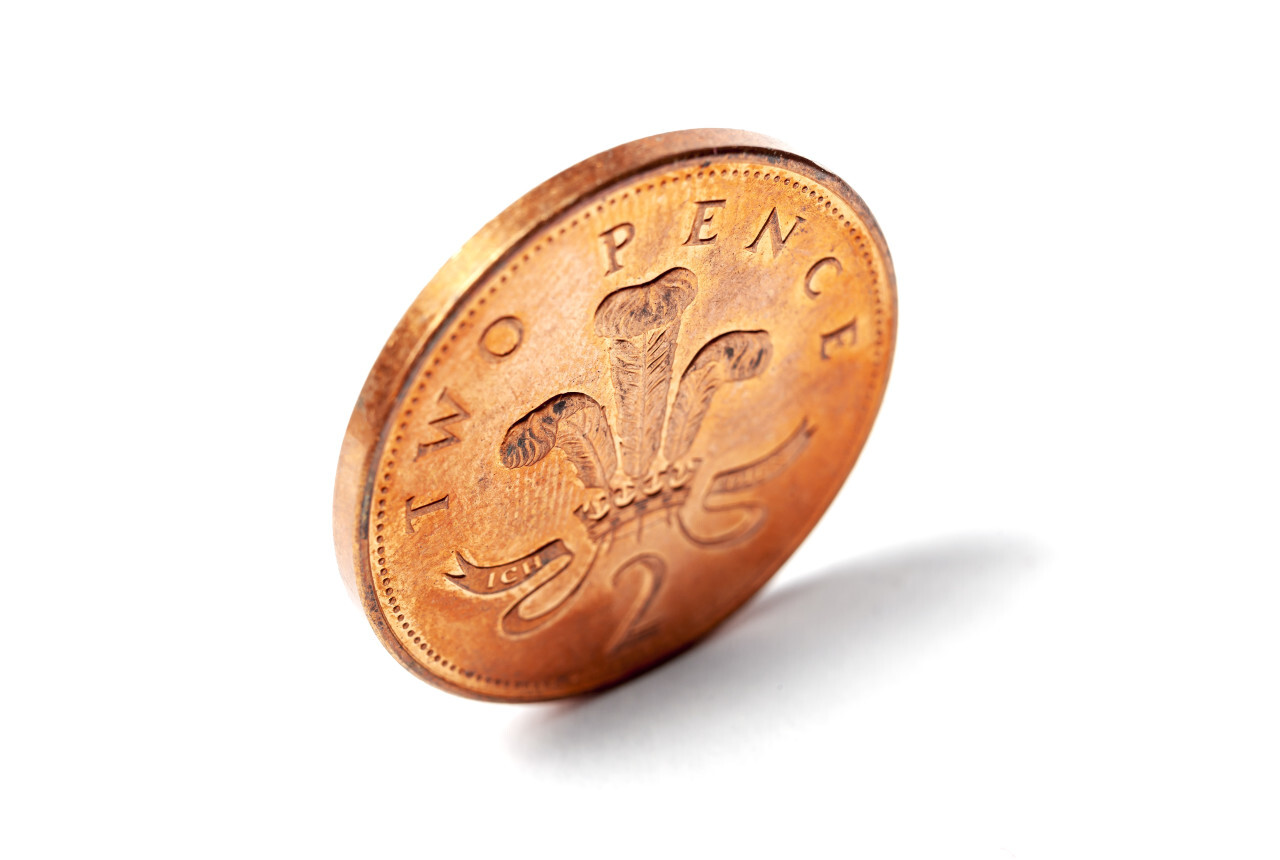 two pence coin isolated on white background, 2 pence from uk