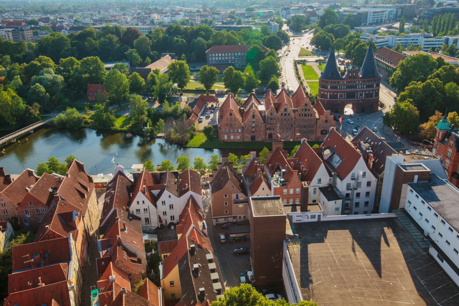 Lübeck from above cityscape with holstentor and trave