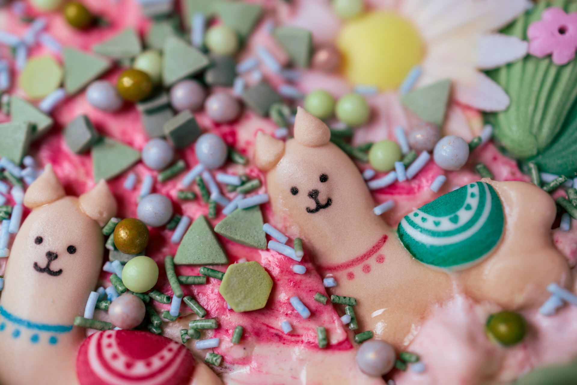 Colourful sugar decorations on a cake