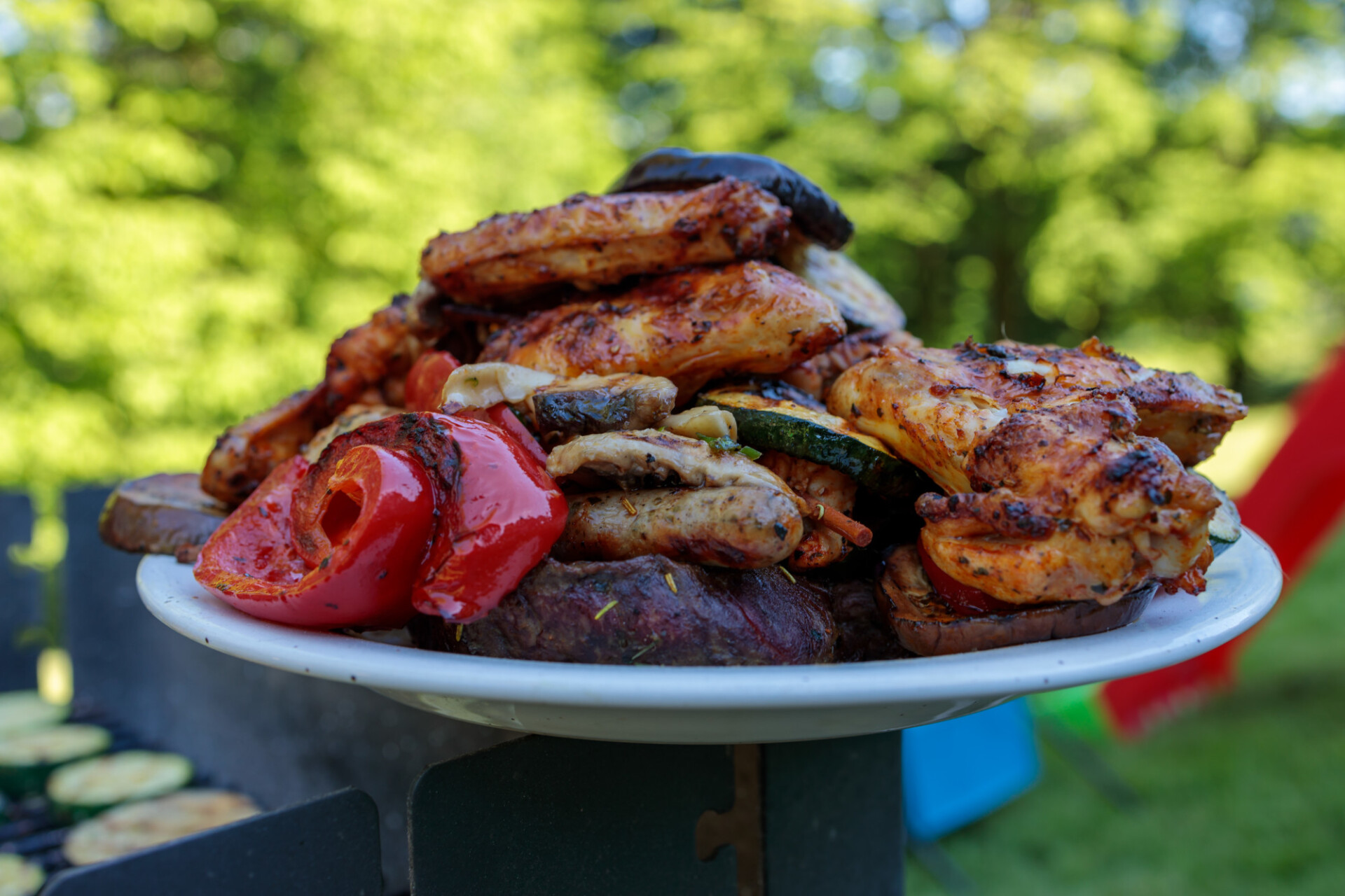 Grill plate with various meats and vegetables