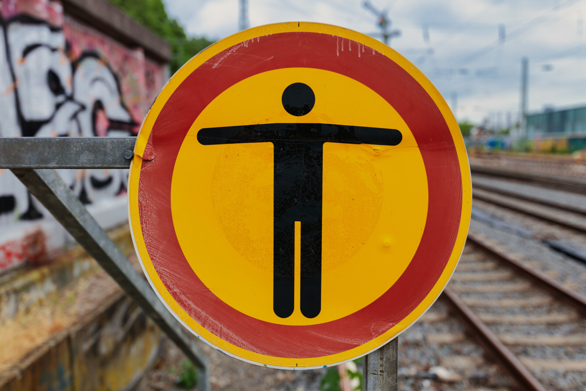 Warning sign on the railway track