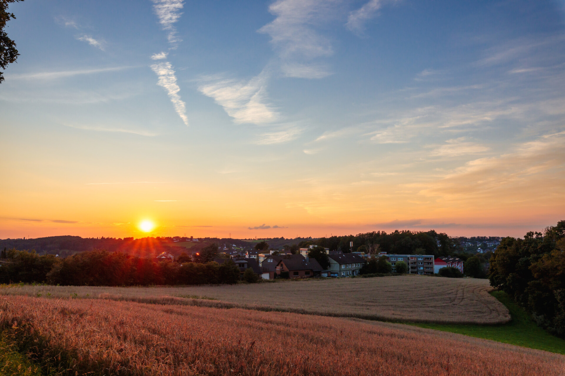 Sunset over a village in germany