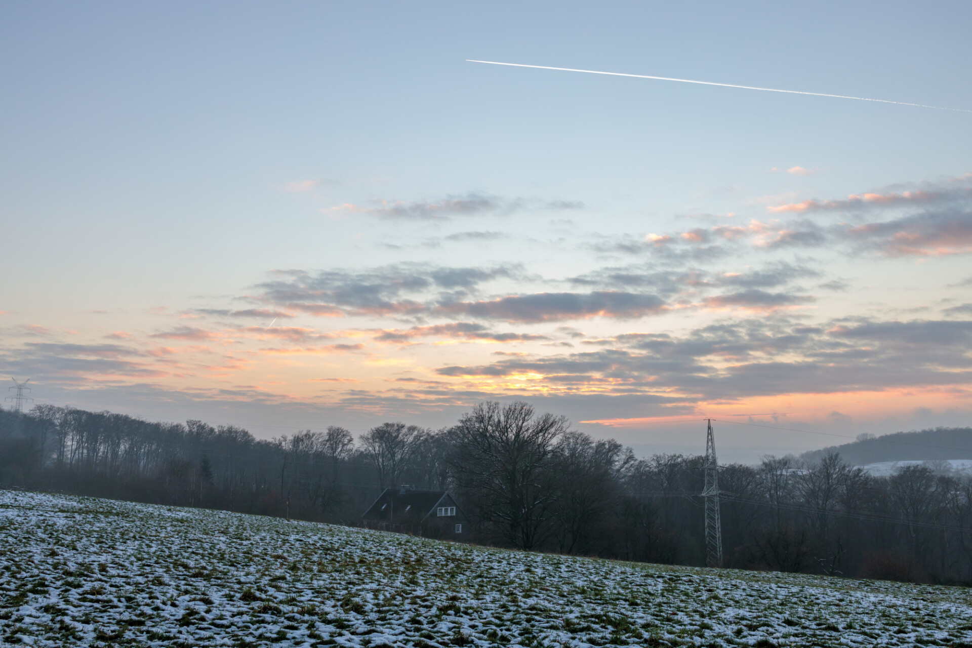 Field in Germany covered with frost in winter