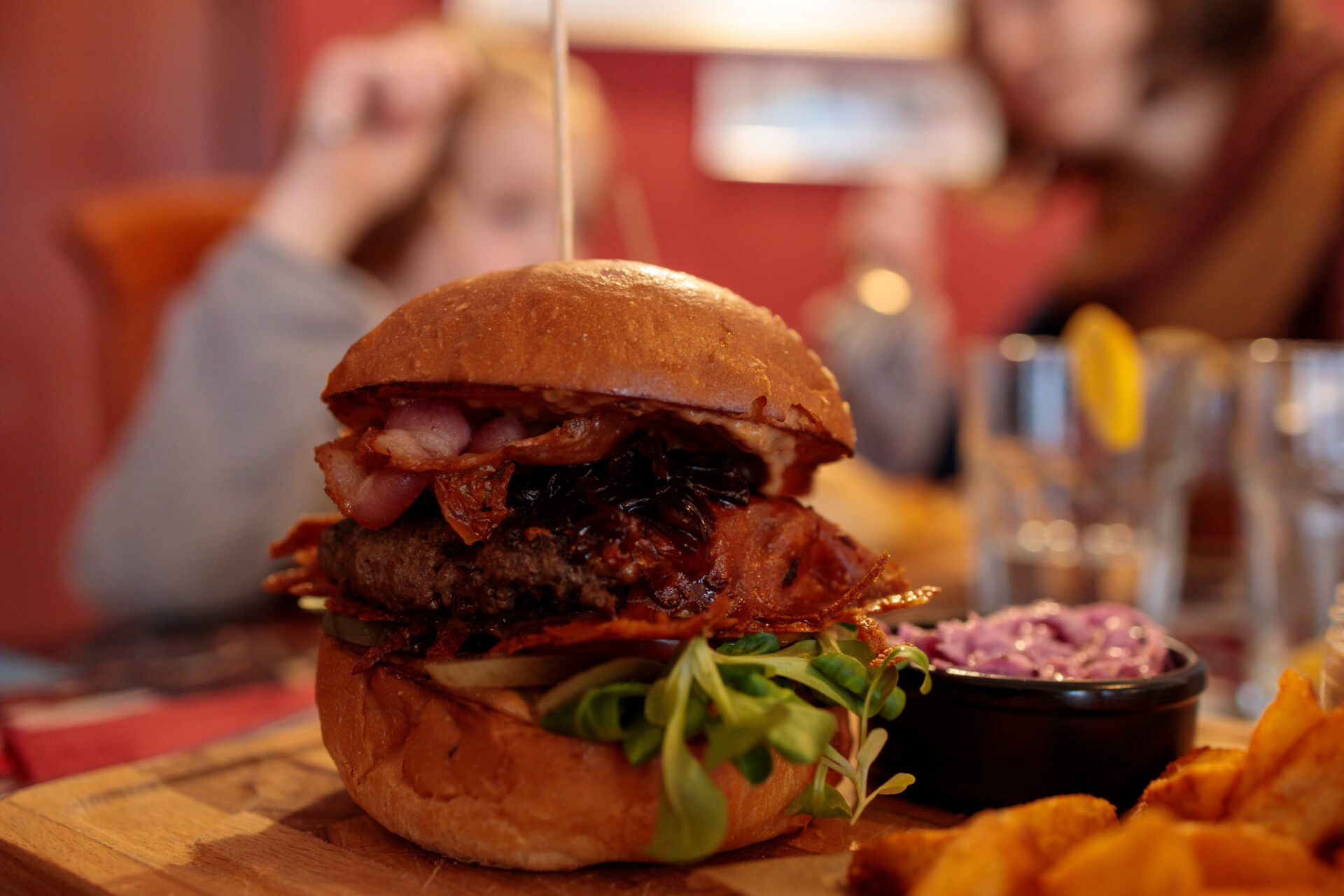 Hamburger with crispy fried bacon