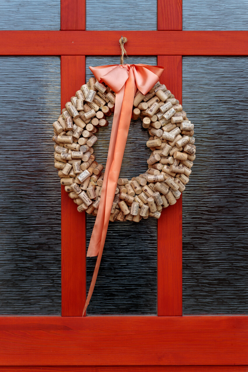 Decorative door wreath made from old wine corks