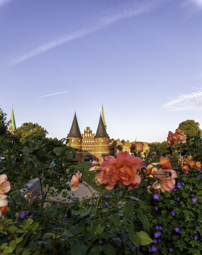 flowers in front of the holstentor in lübeck