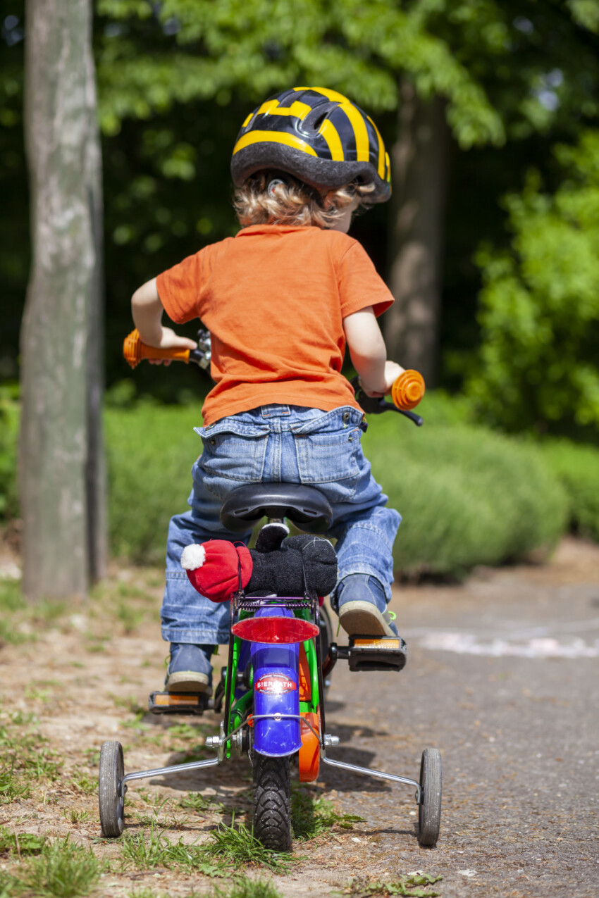 Toddler sits on bike with training wheels