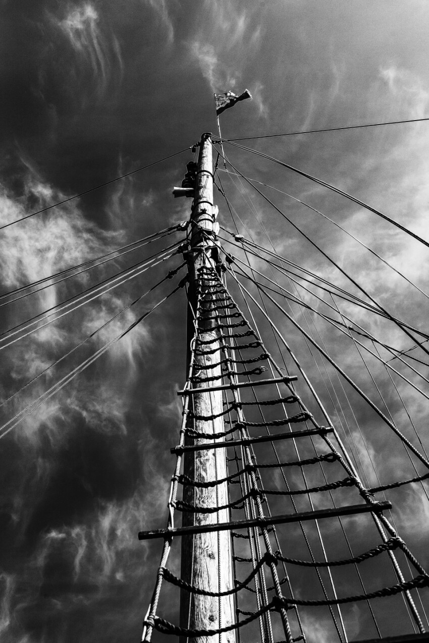 mast of a ship black and white