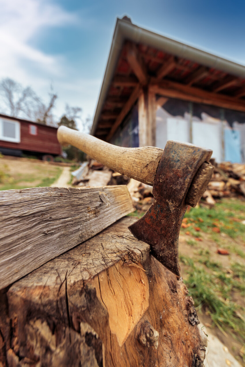 Axe stuck in wood