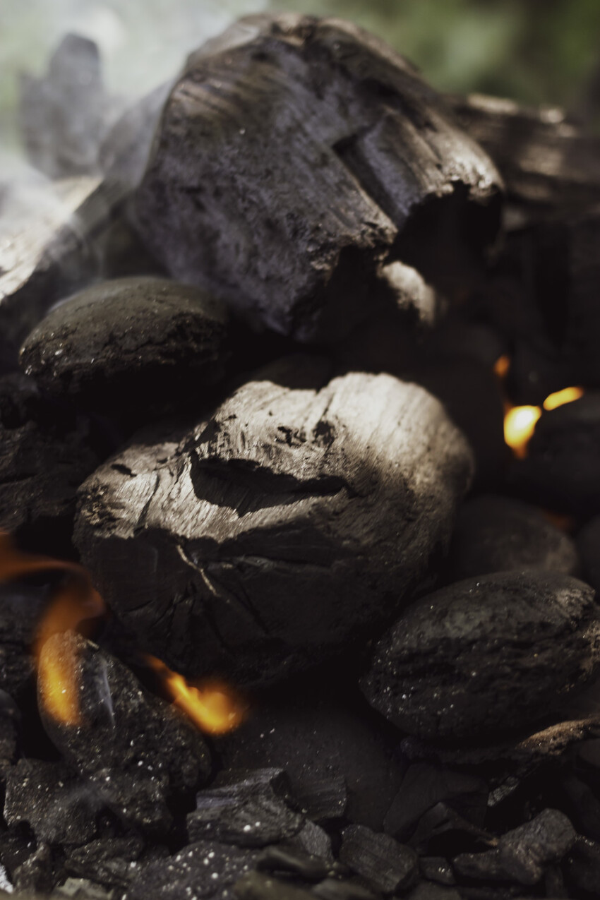 Smoldering charcoal in a barbecue close-up