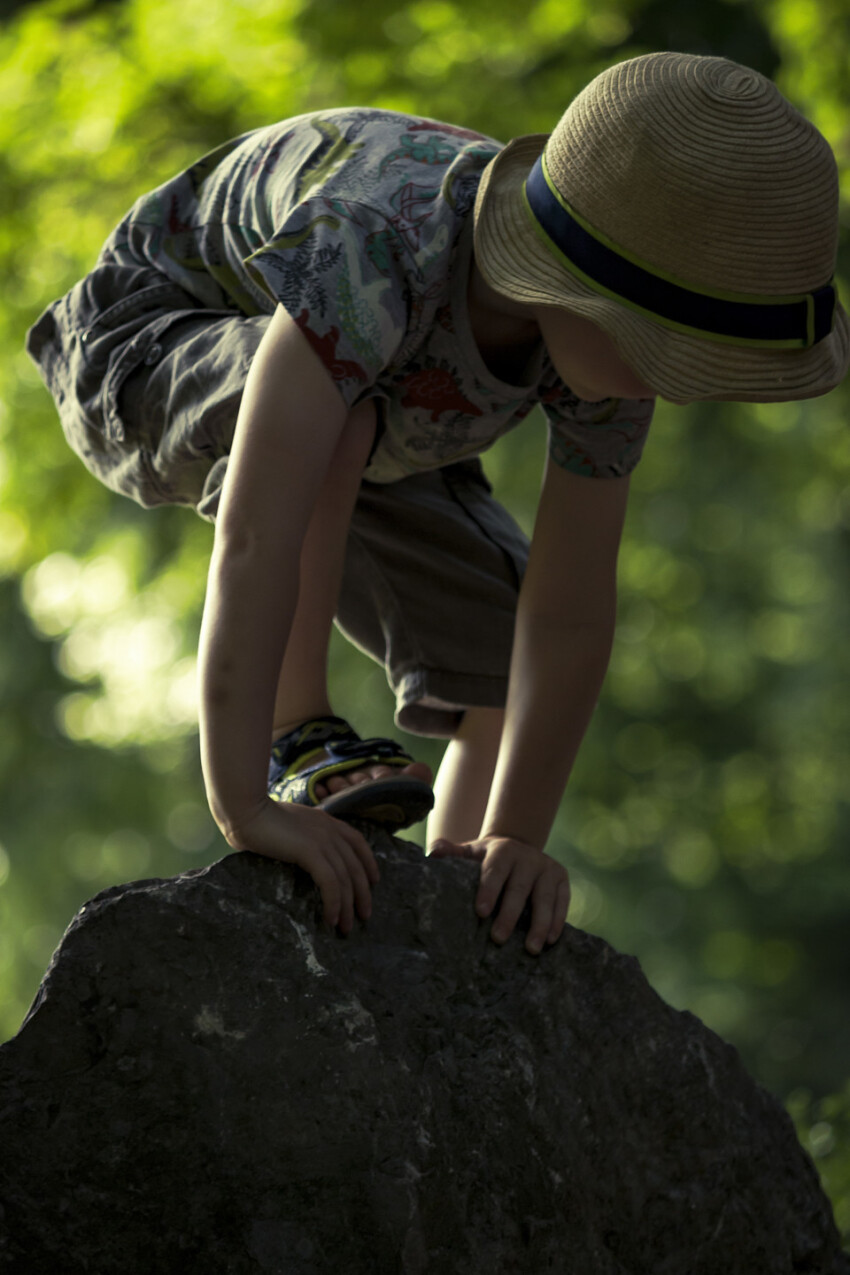 child has climbed a rock