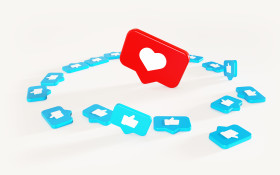 Stock Image: 3D-Illustration Social Media Network Love and Like Heart and thumbs up Icon Rendering white Background in red and blue.