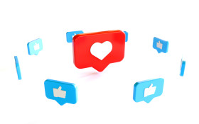 Stock Image: 3D Social Media Network Love and Like Heart and thumbs up Icon Rendering white Background in red and blue.