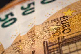 Stock Image: Background of 50 euro banknotes