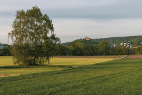 Stock Image: beautiful rural landscape with a castle on a hill