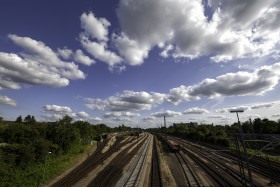 Stock Image: blue sky over railroad tracks