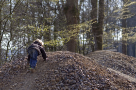 Stock Image: Child climbs a stony hill in the forest