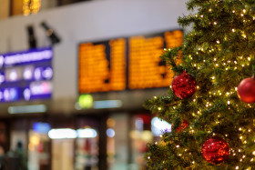 Stock Image: Decorated Christmas tree at a central station