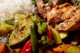 Stock Image: Delicious grilled vegetables meat and rice