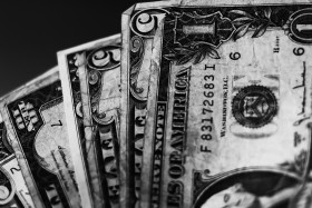 Stock Image: dollar bank notes in a hand black and white