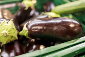 Stock Image: Eggplants at a market stall