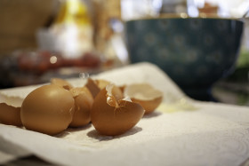 Stock Image: Empty broken eggshells in a kitchen