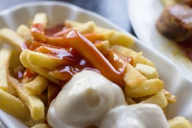 Stock Image: french fries with mayo and ketchup
