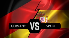 Stock Image: Germany and Spain flags together relations textile cloth, fabric texture