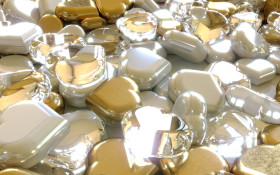 Stock Image: Glittery gold, diamon and silver hearts background 3D