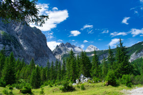 Stock Image: Green meadows alpine mountains