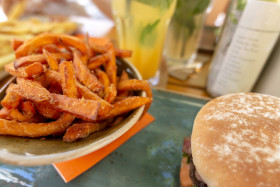 Stock Image: hamburger and sweet potato fries