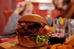 Stock Image: Hamburger with crispy fried bacon