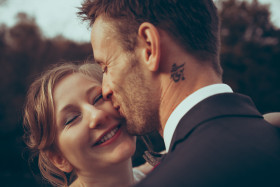 Stock Image: Happy bride and groom on their wedding