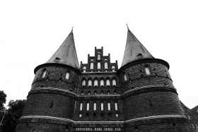 Stock Image: holstentor city gate black and white
