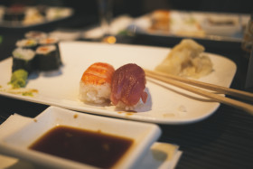 Stock Image: japanese sushi almost empty plate after eating