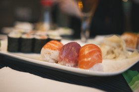Stock Image: Japanese sushi plate in a restaurant