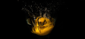 Stock Image: lemon falls into the water isolated on black background