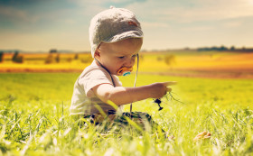 Stock Image: little baby child sitting on the fields with grass in his hand and a pacifier in his mouth