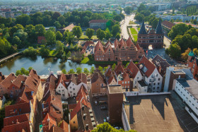 Stock Image: Lübeck from above cityscape with holstentor and trave