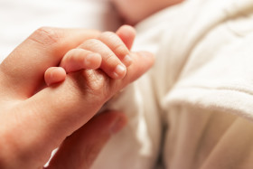 Stock Image: Newborn Baby Holding Mother Hand, Mom Finger and New Born Kid