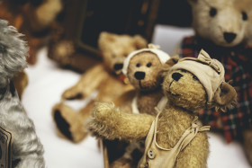 Stock Image: old vintage teddies at a flea market