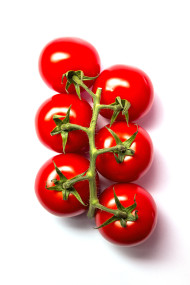 Stock Image: pan tomatoes isolated on white background - top view
