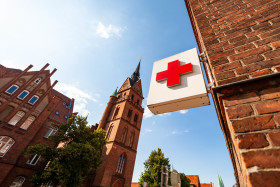 Stock Image: red cross hospital symbol lubeck