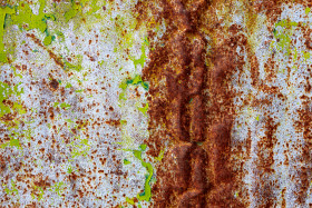 Stock Image: Red Rusty Metal Texture with Green Colour Spots