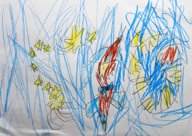 Stock Image: Rocket in space. Painted by a 4 year old child.